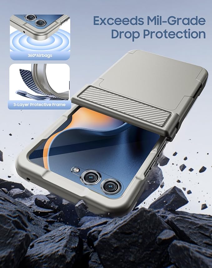 for Motorola Razr 2025 Case/Razr 2024 Case with Card Holder RFID Blocking, Built in Hinge Protection,Screen Protector,Full Body Rugged Shockproof Phone Case for Razr 2025/2024 (Titanium)