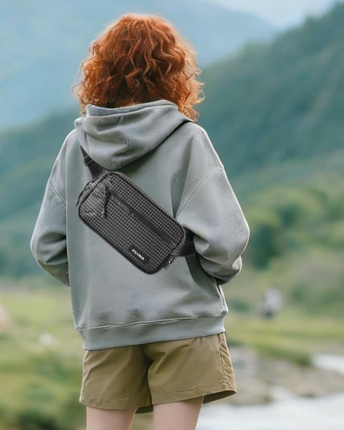 2L Sling Bag for Men & Women - Anti-Theft RFID Blocking Fanny Pack with Lockable Zippers, Water Resistant Lightweight Crossbody Bag for Travel Hiking Running Gym Walking Daily Use(Black Plaid)
