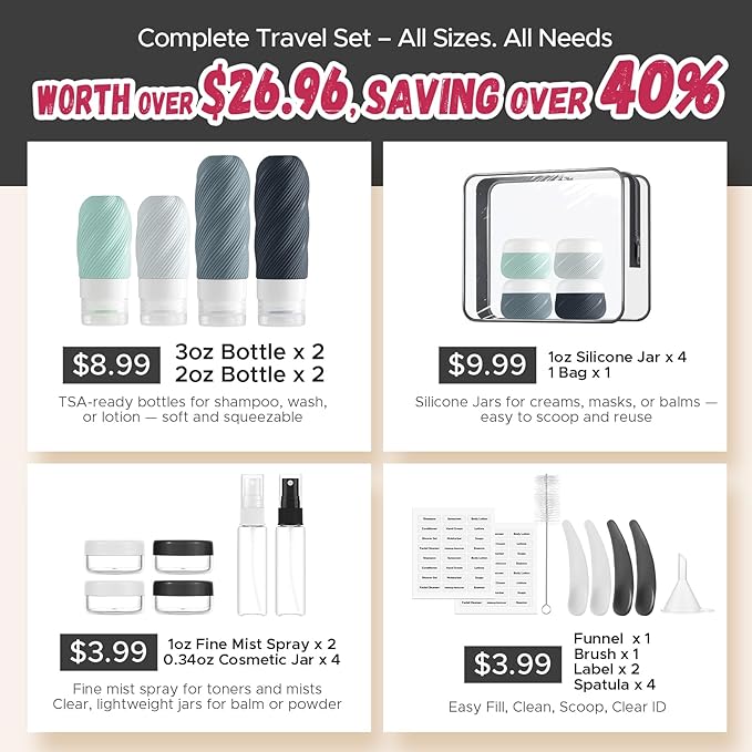 23 Pack TSA Approved Travel Bottles for Toiletries, Leak Proof Refillable Travel Size Containers Kit with Silicone Squeezable Bottles Jars for Shampoo Lotion Conditioner, in Clear Bag, Gray