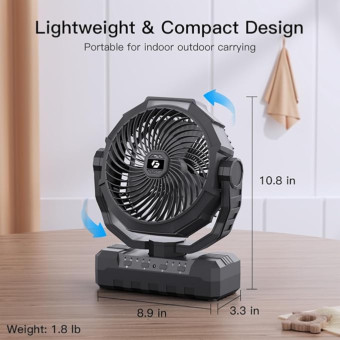 FRIZCOL 3-in-1 Camping Fan - Portable Fans Rechargeable - 36000mAh Battery Powered Fan with Light & Remote for Indoor, Outdoor, Tent, Travel, Fishing, Jobsite, Gifts for Men Dad Him - Black