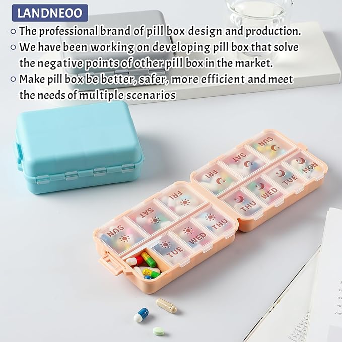 NEW Foldable & Double Protection Portable Weekly Pill Organizer 2 Times A Day with Etched Labels, AM PM 7 Day Week Medicine Box, Daily Travel Pill Case Holder Dispenser for Vitamin, Supplement - Grey