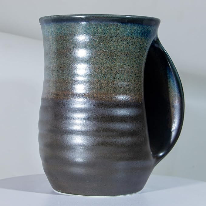 Hand Warmer Mug,16 Ounce Large Hand Warming Mugs Ceramic Gift for Coffee Tea Handmade Pottery Christmas Ceramic with Pocket handl (Right Handed,Brown)