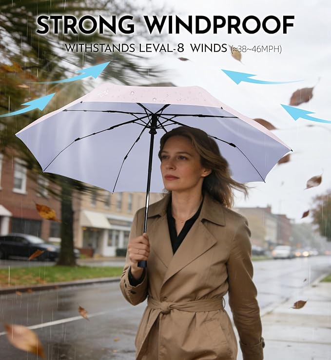 Windproof Travel Umbrella for Rain - 43" Compact Folding Umbrella, Reinforced Strong Frame, Lightweight Portable Parasol with UPF 100+ UV Sun Protection, Cruise Ship Essentials