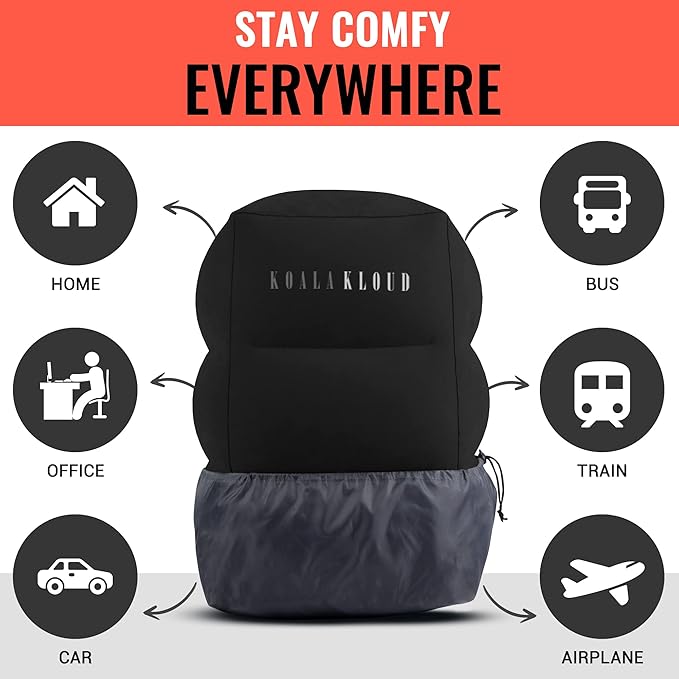 Koala Kloud Travel Foot Rest - Inflatable Foot Rest Pillow, Footrest for Flights, Car Seat Foot Rest, Airplane Bed for Toddler, Kids Travel Accessories, Black