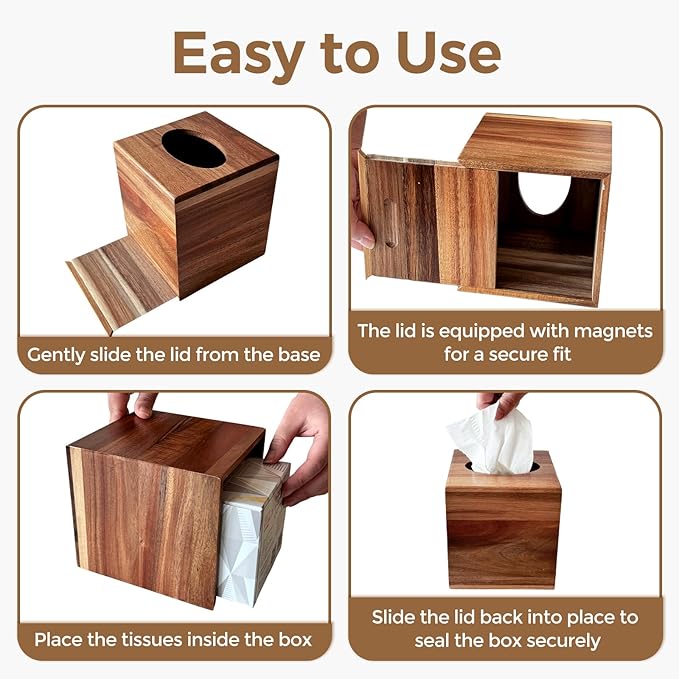 S310 Acacia Wood Tissue Box Cover, Square Tissue Box Holder with Slide-Out Bottom, Wooden Cube Tissue Covers Tissue Holders for Bathrooms Office Kitchen
