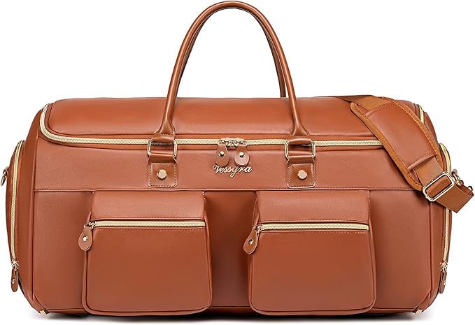 Suit Bag,Vessgra 56L Garment Bags for Travel,2 in 1 Leather Duffle Bags for Men Women, PU Leather Convertible Travel Bag with Shoe Compartment,Work Weekender Bussiness Wedding,Reddish Brown