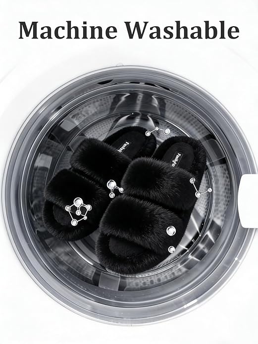 FamilyFairy Women's Fluffy Faux Fur Slippers Comfy Open Toe Two Band Slides with Fleece Lining and Rubber Sole