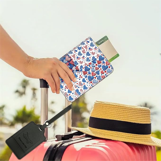 Passport Wallet, Passport Holder with RFID Blocking and Luggage Tag, Waterproof PU Leather Travel Documents Organizer Case, Passport Covers with Card Slot for Women & Men, Patriotic Americana Hearts