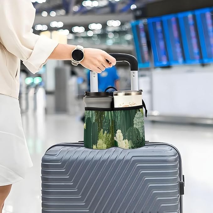 Luggage Cup Holder for Suitcases Free Hands Suitcase Cup Holder Travel Luggage Drink Holder Portable Luggage Cup Caddy Bag Carrier with Handle Green Cacti Plants