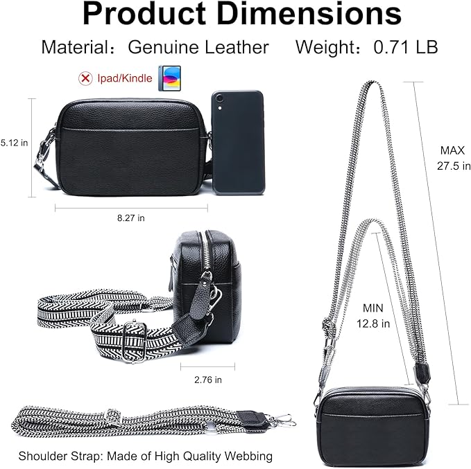 Small Crossbody Bags for Women Genuine Leather, Guitar Strap Shoulder Handbag Purse Camera Bag with Rfid Card Slots, Black