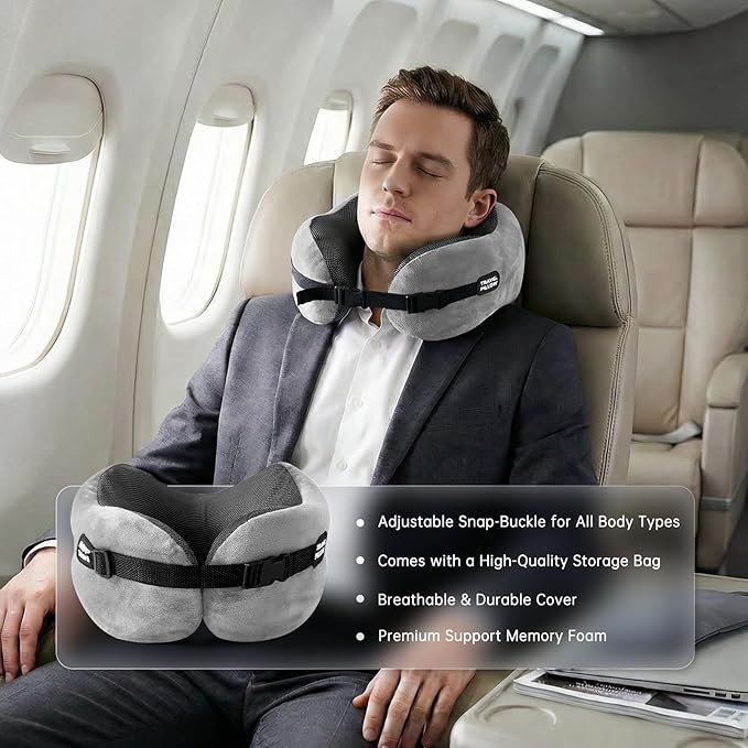 Neck Pillow Travel Pillow - 100% Pure Memory Foam Airplane Pillow with Adjustable Clasp & Removable Cover, Portable Travel Essentials for Long Flights, Car & Office (Light Gray, with Eye Mask)