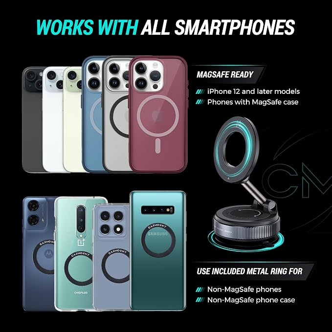 CARMOUNT Clutch-X™ Black – Upgraded Vacuum Phone Mount Suction Cup Car Phone Holder for iPhone, Window Phone Mount, 360° Vacuum Magnetic Phone Holder for Car, Magnetic Phone Holder with Suction Cup