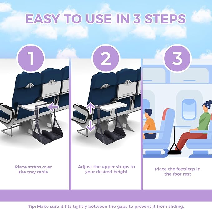 Babenest 2pcs Airplane Foot Hammock, Foldable Leg Rest Support with Adjustable Straps to Relieve Swelling, Portable Under Desk Flight Footrest Holder for Air Travel, Office & Car