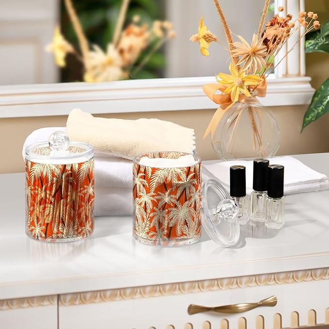 2 Pack Qtip Holder Organizer Dispenser Palm Trees Orange Color Bathroom Storage Canister Cotton Ball Holder Container for Cotton Pads/Swabs/Floss