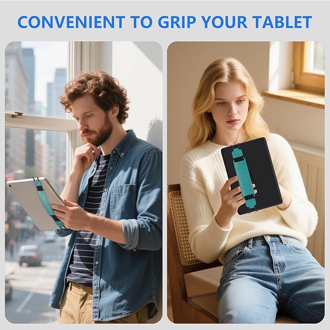HoYiXi Soft Hand Strap for 9-11 Inch eReaders & Fire Tablet Compatible with Fire HD 10/iPad 9.7 /iPad mini/Galaxy Tab A8 A9/Huawei Lightweight Black High-Elasticity Finger Grip Holder -Cyan