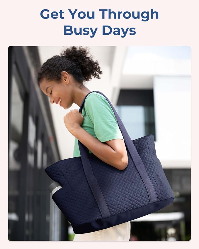 BAGSMART Crush Tote Bag for Women, 20L Puffer Work Tote with Zipper, Travel Essentials Quilted Nurse Hospital Bag