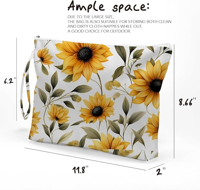 Fokongna Floral Print Wet Bag, Small Portable Waterproof Multi-Functional Organizer for Women, Ideal for Daily, Beach & Travel, Golden Yellow Sunflower Field