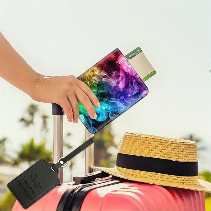 Passport Wallet, Passport Holder with RFID Blocking and Luggage Tag, Waterproof PU Leather Travel Documents Organizer Case, Passport Covers with Card Slot for Women & Men, Rainbow Smoke Passport Book