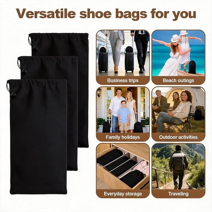 10 Pcs Single Shoe Bags for Travel,18"X9"shoe travel bag for Packing Dustproof Shoe Bag storage Sneaker Travel Bags Washable & Reusable dust bags for Boots Handbags Shoes & Toys (Black)