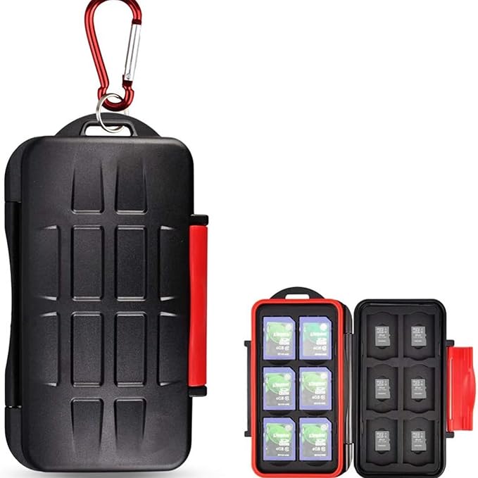 Kiorafoto Professional IPX5 Water-Resistant Anti-Shock Holder Storage SD SDHC SDXC TF MSD Memory Card Case Protector with Carabiner for 12 SD Cards & 12 Micro SD Cards