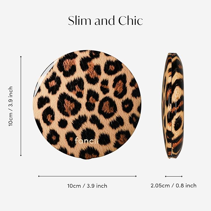 Fancii Mini Taylor Compact Magnifying Mirror with LED Light, 10x/1x, Rechargeable, 3 Light Settings, Dimmable-Small Lighted Travel Handheld Mirror for Pocket, Handbag, Purse, 2-Sided (Cheetah Chic)