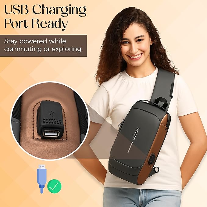 Unisex Anti-Theft Sling Bag with USB Port, Water-Resistant Crossbody Chest Backpack for Travel & Work
