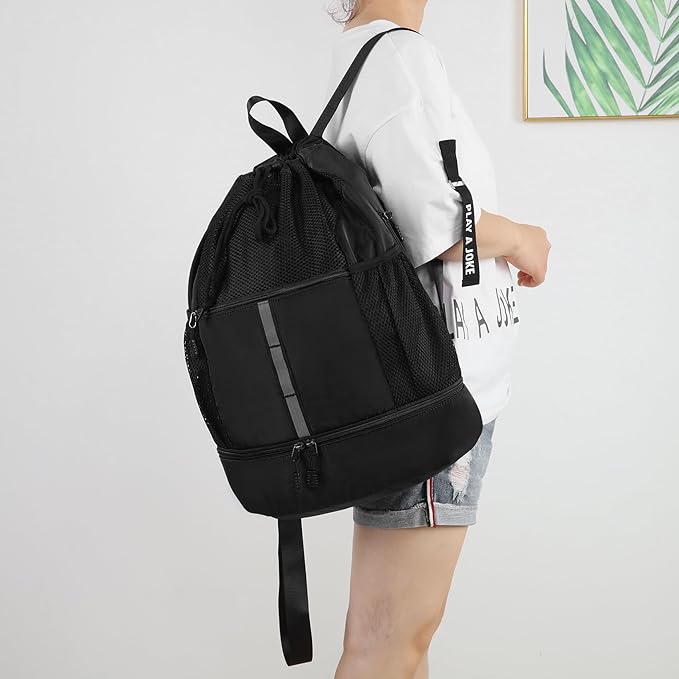 Valleycomfy Drawstring Gym Bag Sports Backpack With Shoe Compartment and Reflective Strips Black