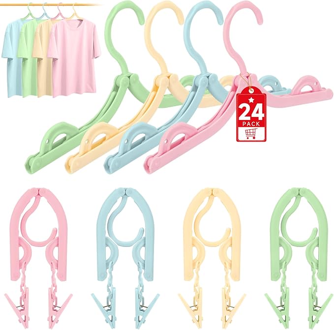 SANLIKE 24 Pcs Travel Hangers with 48 Pcs Clips Folding Travel Hangers Non Slip Plastic Clothes Hangers Collapsible Portable Coat Hanger Drying Rack for Suitcase Flying Camping Hotel (24 Packs)