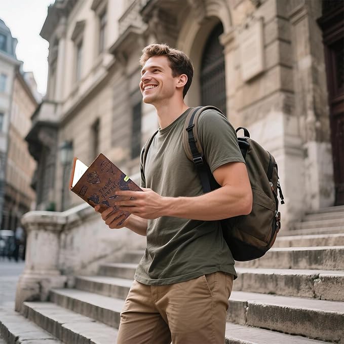 Travel Journal for Women Men and Couples, Leather Travel Notebook with Prompts, Travel Memory Book & Adventure Book (Brown)