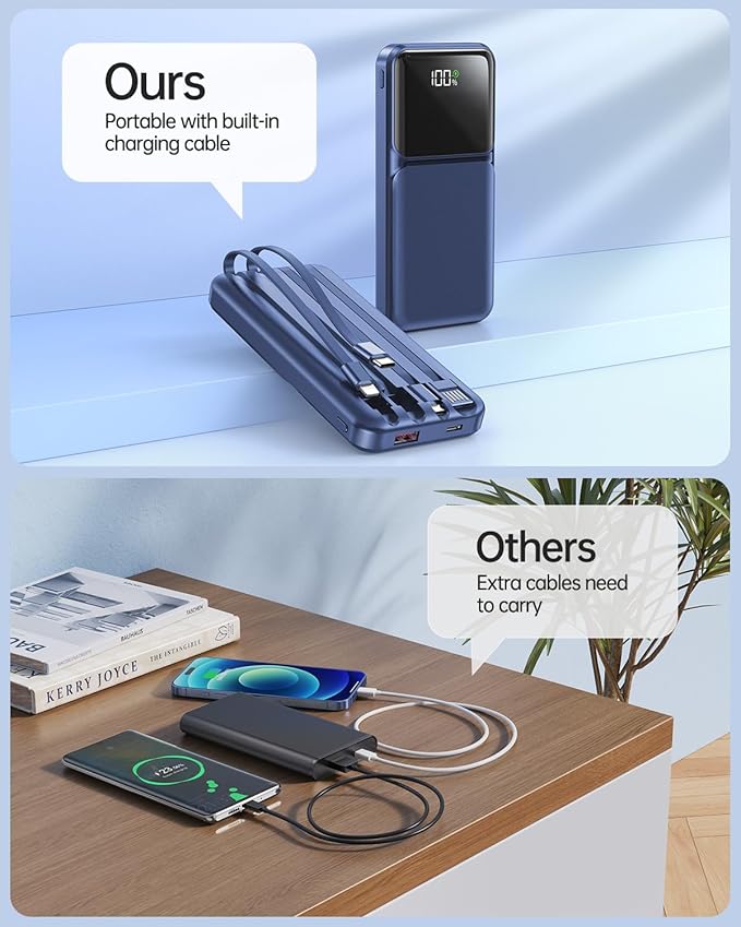 RONEGN Portable Charger with Built in Cable 10000mah USB C Power Bank Fast Charging Travel Essential Battery Pack for iPhone Samsung Android iPad etc