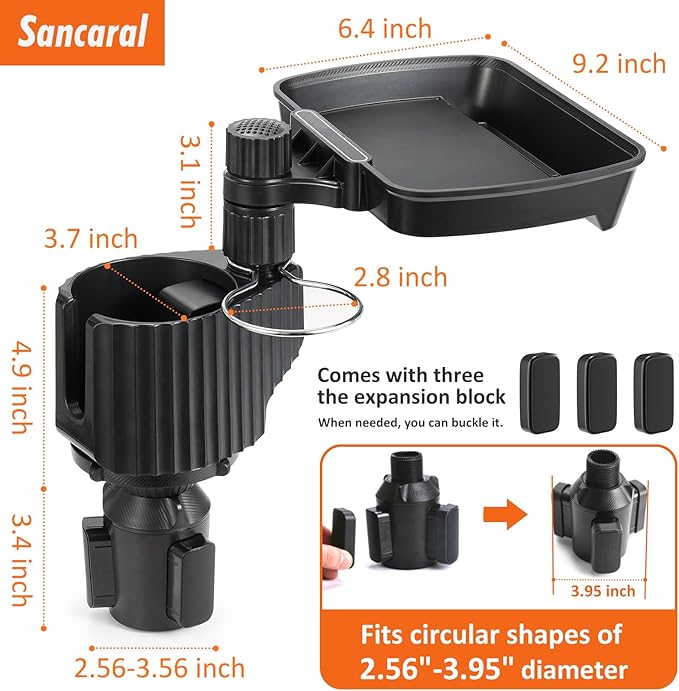 Car Large Cup Holder Expander, 3-in-1 Cupholder Extender with Swivel and Detachable Snack Food Tray Table for Eating, Travel Essentials for Road Trips for Driver. Model A