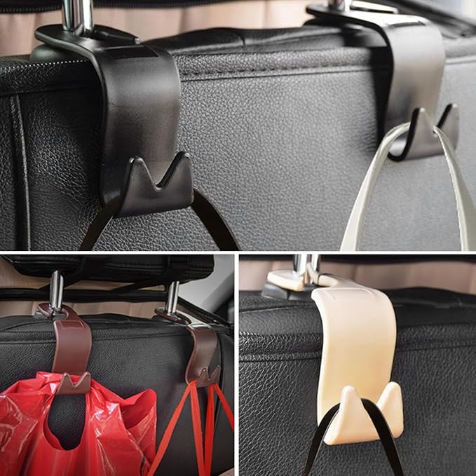Car Seat Headrest Hook, 4PCS Vehicle Seat Back Storage Hanger for Handbag Purse Grocery, Automotive Interior Organization Holder Hook, Universal for SUV, Truck, RV (Beige)