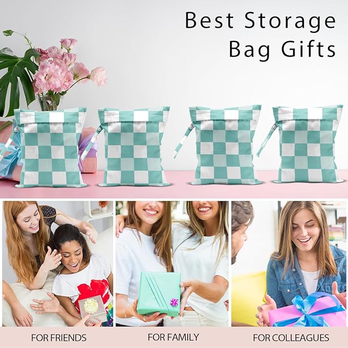 Wet Bag, 4Pcs Wet Dry Bag Set, Reusable Waterproof Bags with Mint Checkerboard Prints for Women, Ideal for Beach Vacations, Pool Days, Travel & Daily Essentials Storage
