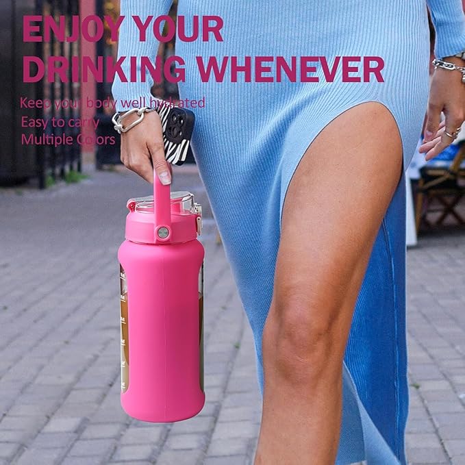 64oz Glass Water Bottles with Straw, Half Gallon Motivational Glass Bottle with Silicone Sleeve and Time Marker, 2L Leakproof Large Glass Water Jug for Gym Home Office, Rose Red