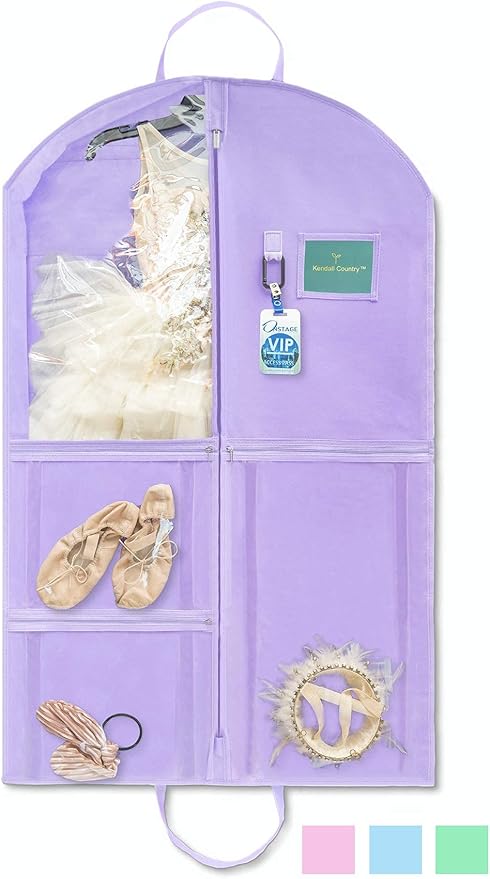 Waterproof Hanging Garment Bag 40 inch Clothes Bag with Gusset, 5 Pockets & Side Zip for Dance Costumes, Sports, Skating, Theatre, Beauty Pageants & More by Kendall Country, Lavender Purple