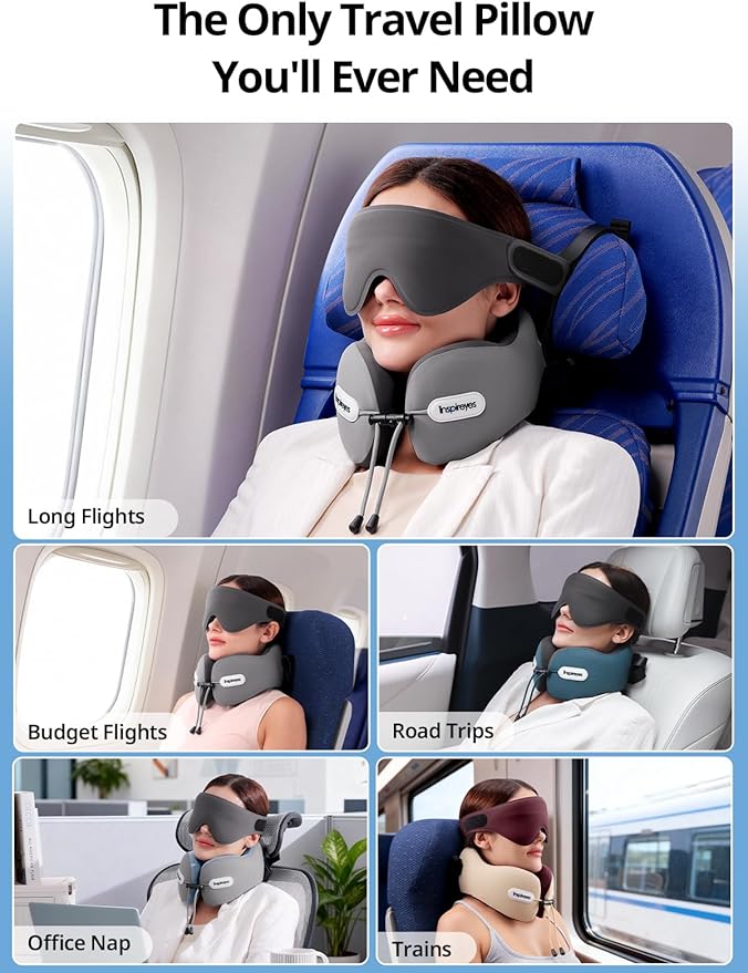 Inspireyes Neck Pillow, Travel Pillow with Seat Strap, 3D Sleep Mask, Dual Support Neck Head, High Supportive Foam Airplane Pillow for Long Flight Road Trip, Stop Bobblehead Travel Essential, Beige