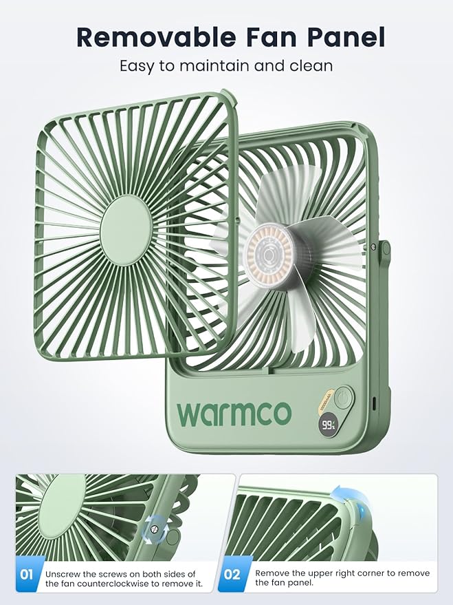 Warmco 10000mAh Portable Travel Fan 7-inch, Up to 24H Runtime, Ultra-thin Quiet Rechargeable Battery Operated Desk Fan with Digital Display for Camping, Office, Bedroom, Cruise Essentials