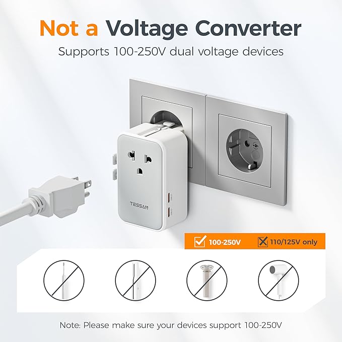 TESSAN Universal Travel Adapter PD 25W, Ultra Thin International Power adapter Fast Charger, Worldwide Plug Adaptor with 2 USB A 2 USB C for US to European UK Australia Ireland (Type C G A I)