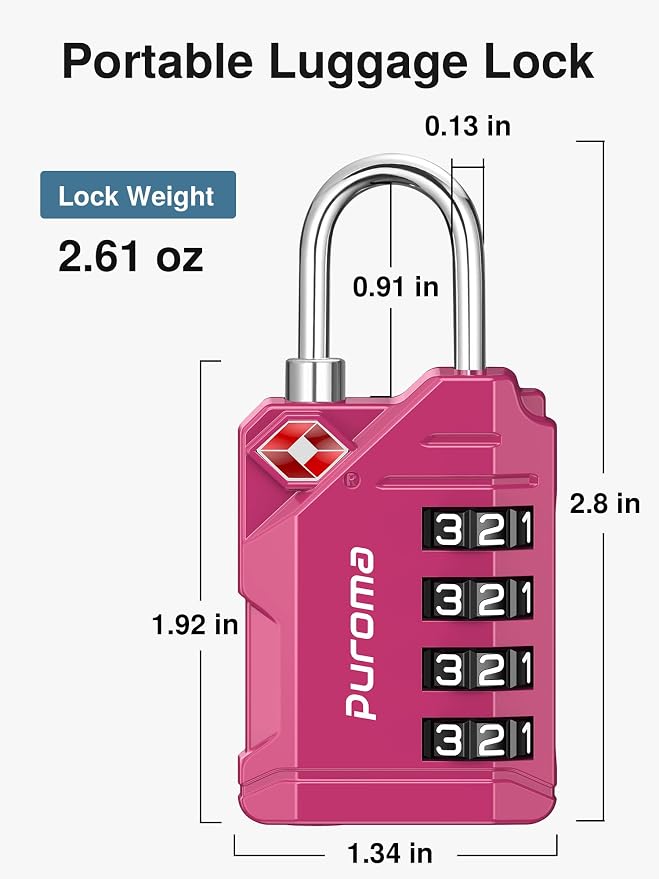 Puroma TSA Approved Luggage Locks, 2 Pack 4 Digit Resettable Travel Combination Code Lock with Zinc Alloy Body for Suitcase, Backpack, Laptop Bag, Gym Locker, Toolbox (Red-Violet)