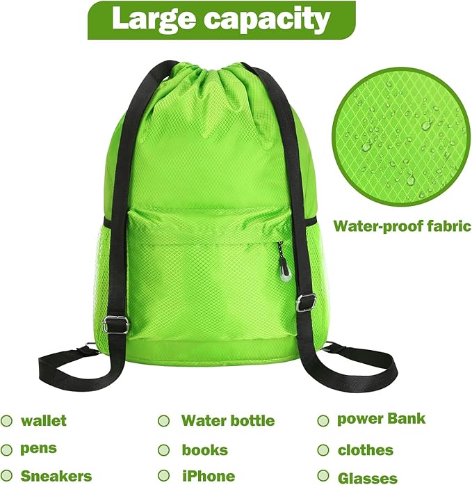 Waterproof Drawstring Bag, Lightweight String Backpack with Water Bottle Holder and Pockets, Gym Sports Cinch Sackpack (Green)