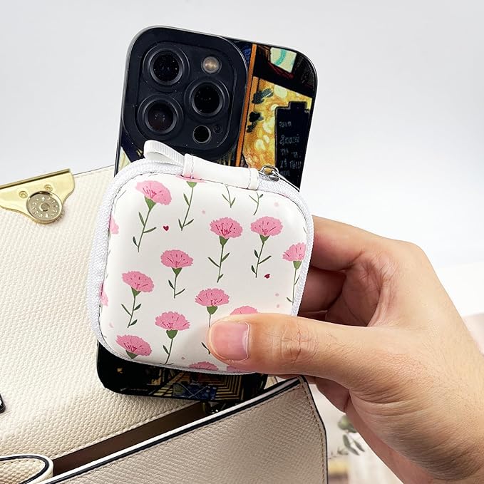 Earbud Case Headphone Organizer Ear Bud Case Portable EVA Carrying Box Storage Bag with Carabiner for AirPods Beats Bose Galaxy Buds 4/3/FE Data Cable Storage (Pink Carnation)