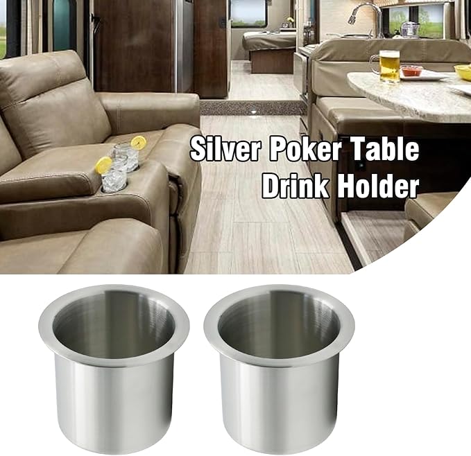 Anxingo 2 Pcs Stainless Steel Cup Holder, Silver Poker Table Drink Holder, Drop-in Cup Drink Holder for Yacht Boats RV Cars and Trucks