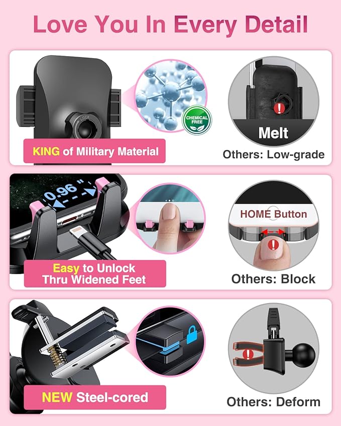 VANMASSใ85+LBS Strongest Suction & Military-Grade Ultimate Car Phone MountใPatent & Safety Certsใ Cell Phone Holder for Dash Windshield Vent for iPhone 17 Pro Max Automobile Accessory Kits,Light Pink