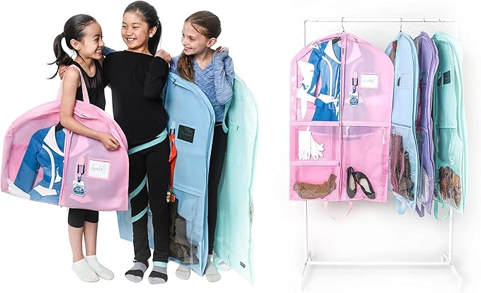Waterproof Hanging Garment Bag 40 inch Clothes Bag with Gusset, 5 Pockets Side Zip for Dance Costumes Sports Skating Theatre Pageants Cheer Cosplay Kendall Country (Cotton Candy, 40 inch)