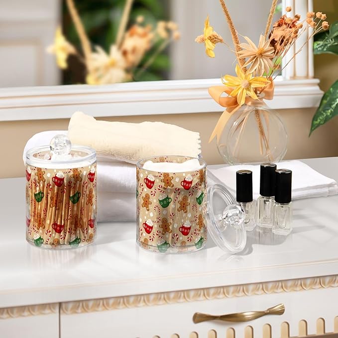Gredecor Qtip Holder Dispenser 2 Pack Cute Gingerbread Men Snowflakes Candy Bathroom Decorative Storage Canister Holder Counter Vanity Organizer for Cotton Ball Swabs Pads Floss