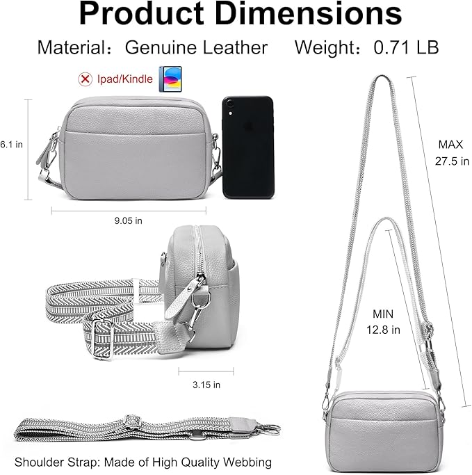 Small Crossbody Bags for Women Genuine Leather, Guitar Strap Shoulder Handbag Purse Camera Bag with Rfid Card Slots, grey