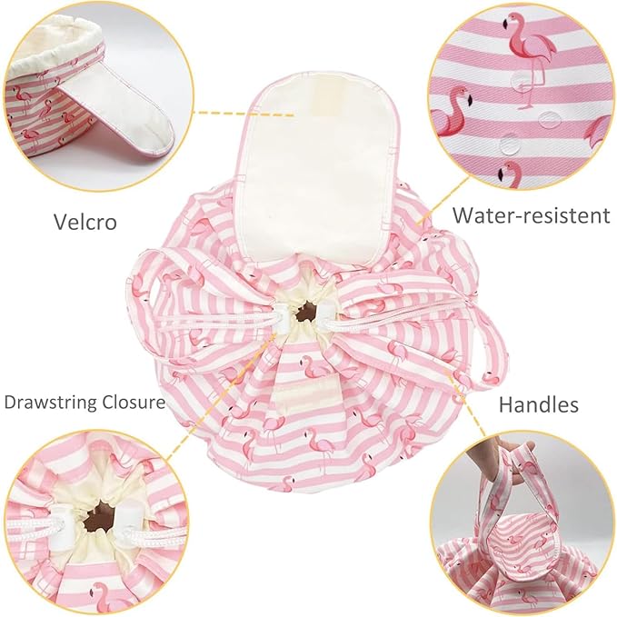 Large Barrel Drawstring Makeup Bag Travel Cosmetic Bag for Women - Portable Make Up Organizer Bag for Skin Care & Toiletries with Brush Holder & Pouch (Pink)