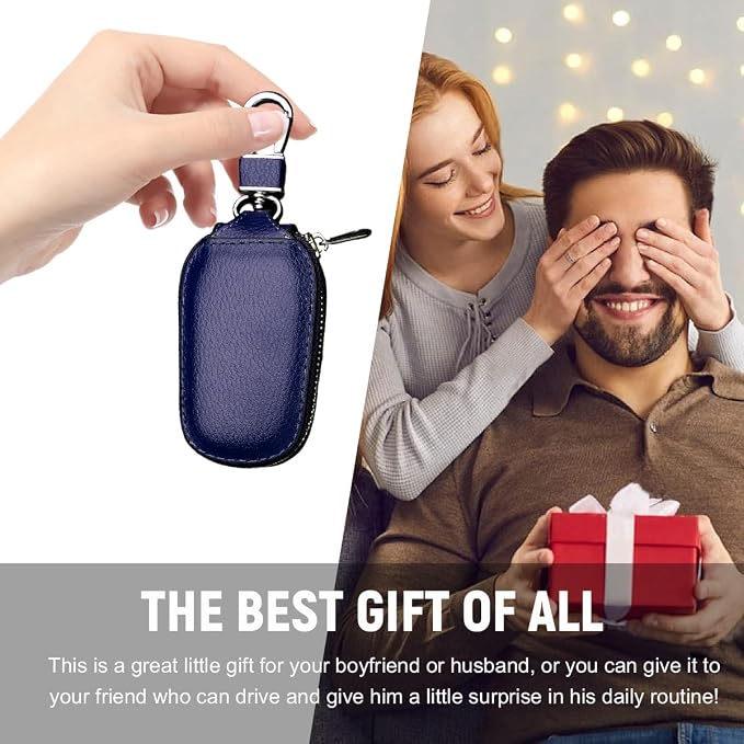 Yourkar 2 PCS Car Key Case, Genuine Leather Auto Key Fob Storage Bag, Key Chain Holder Key Ring Zipper Bag, Car Accessories (Blue)