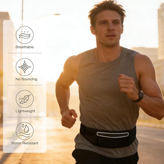 Slim Running Belt for Men Women - No-Bounce Phone Holder Waist Pack, Runners Fanny Pack with Sweat-Proof Pocket ,Travel Money Pouch for Gym/Hiking/Cycling (Light Black)