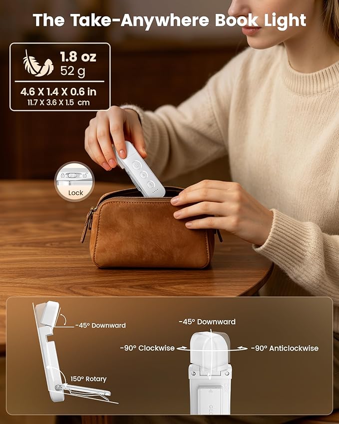 Glocusent 12 LED Book Light, Reading Lights for Books in Bed with 5 Colors & 5 Brightness, Portable Clip on Reading Light, USB-C Rechargeable for 200H with Travel Lock, Perfect Gifts for Book Lovers